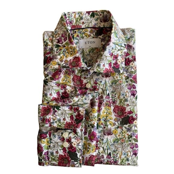 Eton Purple Floral Print Signature Twill Button Shirt‎ Size 16 Slim Fit - Picture 12 of 12